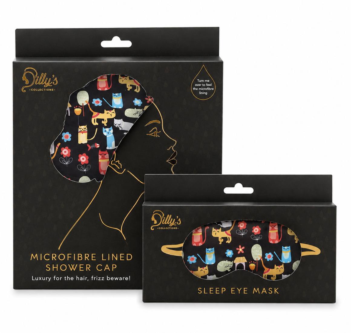 Cat Microfibre Lined Shower Cap with Matching Cat Eye Mask Gift Set