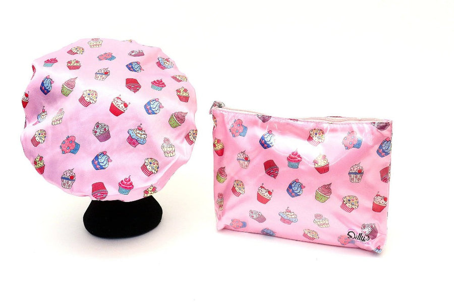 Cupcake Print Shower Cap - Microfibre Lined & Cosmetic Bag - Dilly's Collections - Hair Beauty and Lifestyle Products Australia