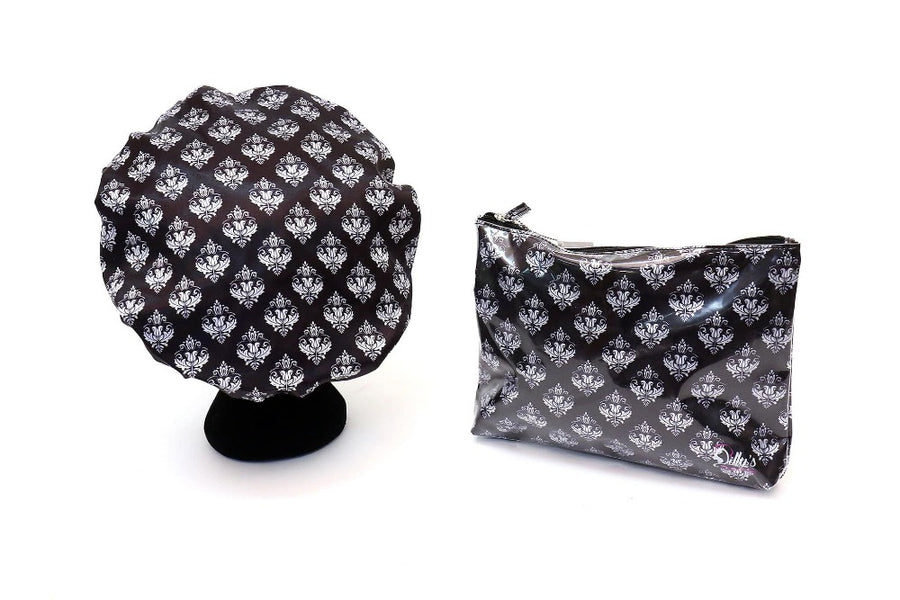 Damask Print Shower Cap and Matching Cosmetic Bag - Dilly's Collections - Hair Beauty and Lifestyle Products Australia