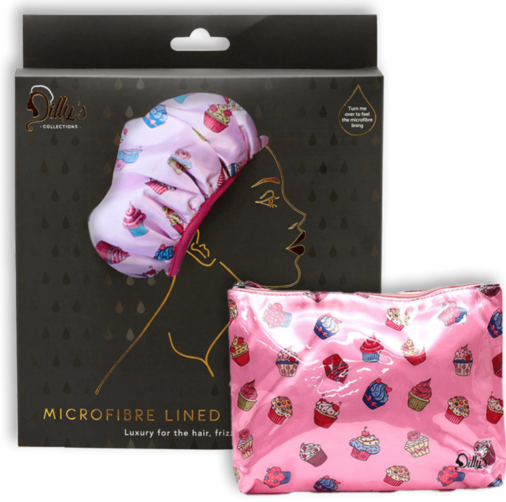 Cupcake Print Shower Cap - Microfibre Lined & Cosmetic Bag - Dilly's Collections - Hair Beauty and Lifestyle Products Australia